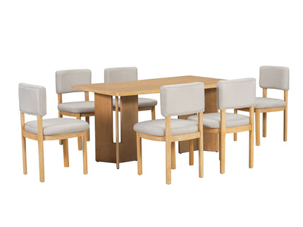 Dining Table Set With 6 Upholstered Chairs, Rectangular Table With Cutout Legs
