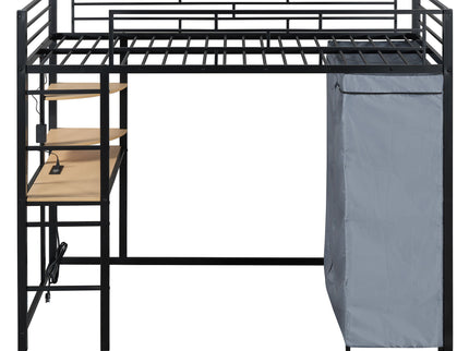Loft Bed With Desk, Shelves, Power Outlet, LED Light And Wardrobe
