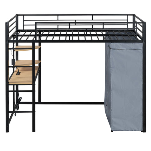 Loft Bed With Desk, Shelves, Power Outlet, LED Light And Wardrobe