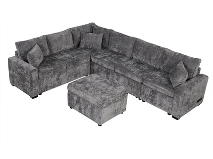 Sectional Sofa Pull-Out Sofa Bed Sleeper With A Storage Ottoman, Three Pillows And Charging Devices For Living Room