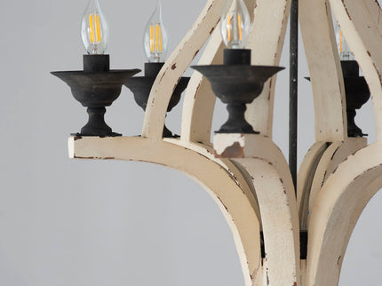 6 Light Wood Chandelier, Hanging Light Fixture With Adjustable Chain For Kitchen, Bulb Not Included - Cream