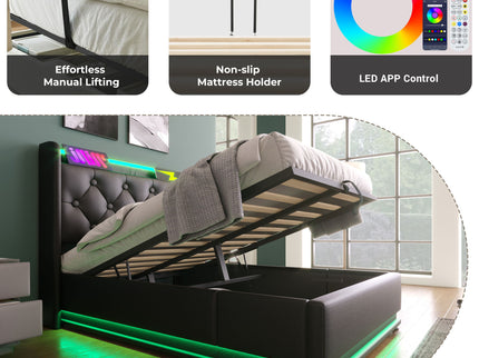 Upholstered Bed, 360 Surround LED Function, Remote Control, Hydraulic Storage Bed With USB, Type-C Charging (Without Mattress)