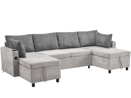 Sectional Sofa Bed With Pull Out Sleeper, USB Ports, Cup Holders