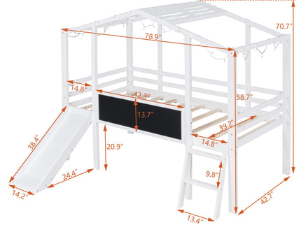 Loft House Bed With Ladder And Slide, With board And Light Strip On The Roof