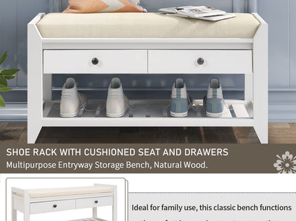 Multipurpose Entryway Shoe Rack With Cushioned Seat And Drawers