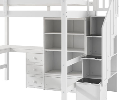 Loft Bed & L Shaped Desk, Drawers, Cabinet, And Storage Staircase