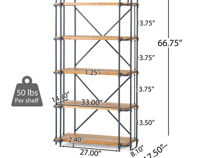 Yorktown - Industrial 5 Shelf Bookcase With Metal Pipework And Solid Fir - Natural