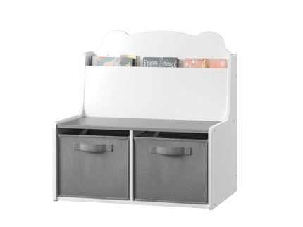Bookshelf With Storage Bins, Bookcase With Book Display Shelf And 2 Bins, Cute Bear Shaped Backboard, Toy Organizer - White