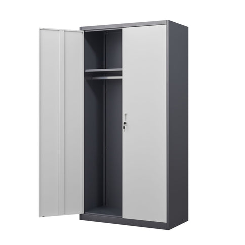 Wardrobe With Hanging Rod And Compartments, Lockable Closet With Locks & Keys For Bedroom - Gray