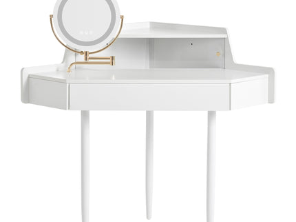 Modern Corner Makeup Vanity Desk With Large Storage, LED Mirror & Stool, Adjustable Brightness, Space Saving - White