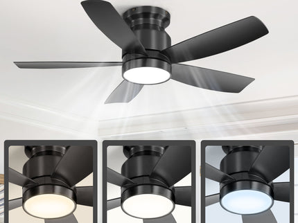 Flush Mount Ceiling Fan With 18W LED Light And Remote Control Blades - Black