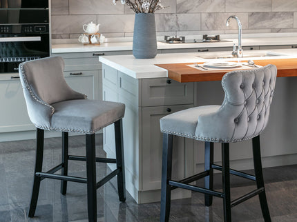 Contemporary Upholstered Wing-Back Barstools With Button Tufted Decoration And Wooden Legs, And Nailhead Trim, Leisure Style Bar Chairs, Bar Stools (Set of 2)