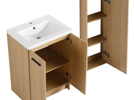 Freestanding Bathroom Vanity Set With Tall Linen Cabinet, Single Sink, Extra Storage, Soft Close Doors - Glossy White / Light Oak