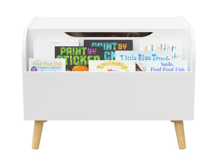 Toy Box With Front Bookshelf, Flip Top Lid, Safety Hinge For Kids Room Organization - White