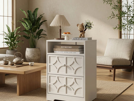 Nightstand With Diamond Carvings Handles, 2 Drawers & Charging Station