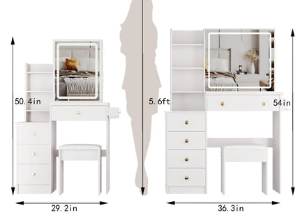 Cabinet Vanity Table & Cushioned Stool, USB Power Station, Hair Dryer Bracket - White
