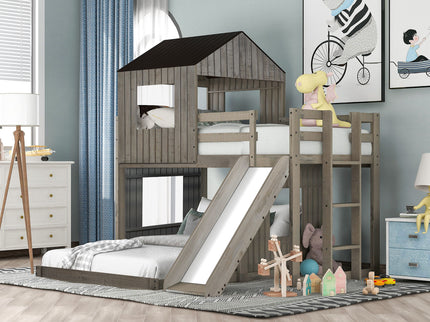 Loft Bunk Bed With Playhouse, Farmhouse, Ladder, Slide And Guardrails