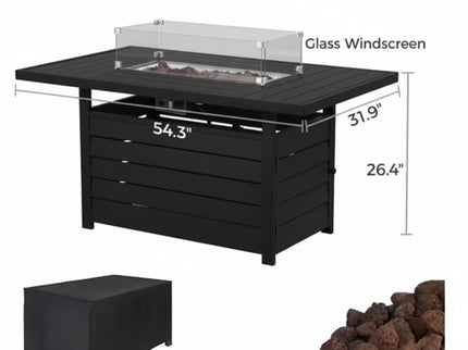 Rectangular Propane Fire Pit Table With Burner, Lava Rock, Waterproof Cover