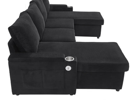 U Shaped Sectional Sofa Bed With Storage Chaise Lounges, USB Ports, And Cup Holders