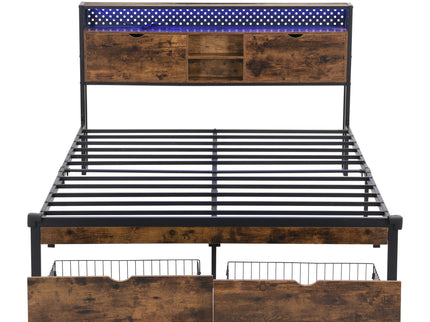 Modern Metal Platform Bed Frame With Wooden Headboard, USB Charging Station, Storage Drawers