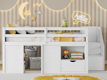 Low Loft Bed Frame With Built In Stairs, Storage Drawer, Shelf And 7 Color LED Light