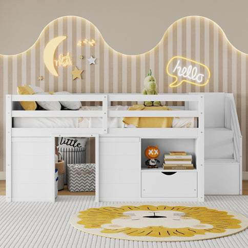 Low Loft Bed Frame With Built In Stairs, Storage Drawer, Shelf And 7 Color LED Light