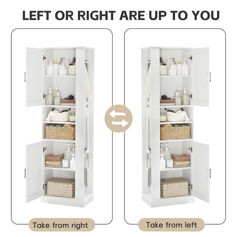 Tall Freestanding Bathroom Storage Cabinet With Adjustable Shelves And Side Hooks Board, Rectangle Design