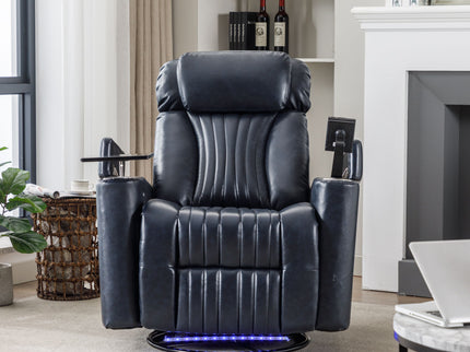 270° Power Swivel Recliner Home Theater Chair With Hidden Arm Storage, LED Light, Cup Holder, And Tray Table
