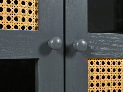 Retro Industrial 4 Door Sideboard With Large Storage, Rattan And Glass Doors