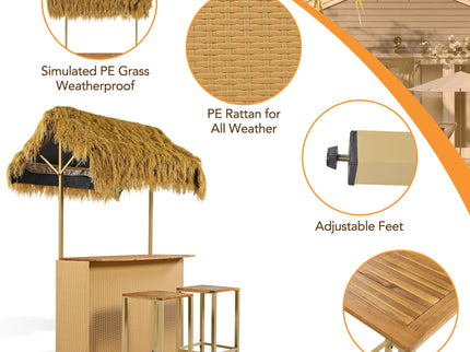Hawaiian-Style Bar Height Patio Set With PE Grass Canopy, Outdoor Bar Table And Stools With Adjustable Feet, Acacia Wood Top, For Dining And Drinking - Natural