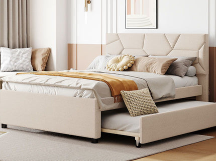Upholstered Platform Bed With Brick Pattern Headboard And Twin Long Size Trundle