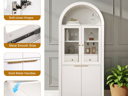 Fluted Tall Arched Pantry Cabinet With Adjustable Shelves, Glass Door & Hidden Drawer For Kitchen