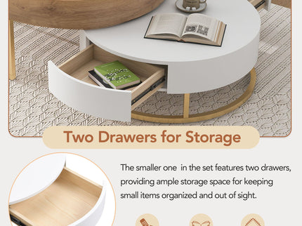 Modern Round Lift-Top Nesting Coffee Tables With 2 Drawers