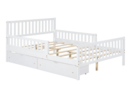 Platform Bed With Guardrails On Both Sides And 2 Storage Drawers