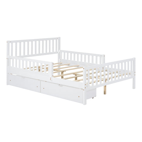 Platform Bed With Guardrails On Both Sides And 2 Storage Drawers