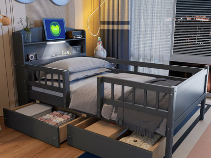 Platform Bed With LED Light, Multi Functional Headboard, Guardrail And 2 Drawers