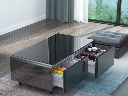 Modern Smart Coffee Table With Built-In Fridge, tooth Speaker, Wireless Charging Module, Touch Control Panel, Power Socket, USB Interface, Outlet Protection, Atmosphere Light