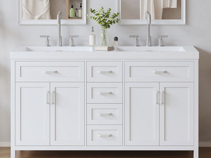 59.1" Minimalist Double Sink Bathroom Vanity With Top, Soft Close Doors & Drawers - White