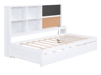Twin Size Daybed With Storage Shelvesboard, Cork Board, USB Ports And Trundle - White