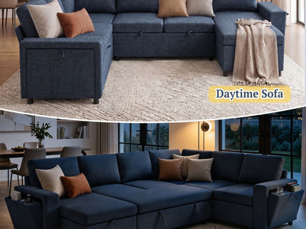 U - Shaped Convertible Sectional Sofa Bed With Storage, USB Charger & Cup Holders