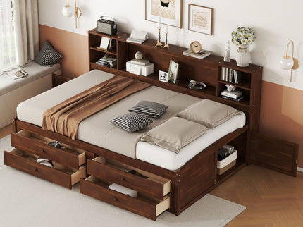 Full Size Captain Bed With Built In Storage Shelves, 4 Drawers And 2 Cabinets - Antique Brown