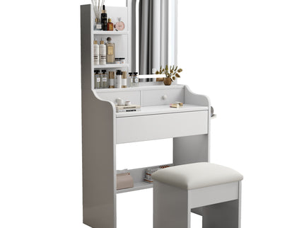 Fashion Vanity Desk With Mirror And Lights For Makeup, Hair Dryer Holder And Chair, Adjustable Lighting - White