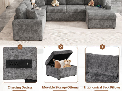 Sectional Sofa Pull-Out Sofa Bed Sleeper With A Storage Ottoman, Three Pillows And Charging Devices For Living Room