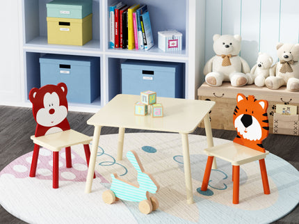 Table And 2 Chairs Set, Activity Play Table Set With Bear & Tiger Design - Natural