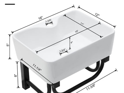 Rectangular Bathroom Sink With Towel Bar & Faucet Hole, Wall Mounted - White