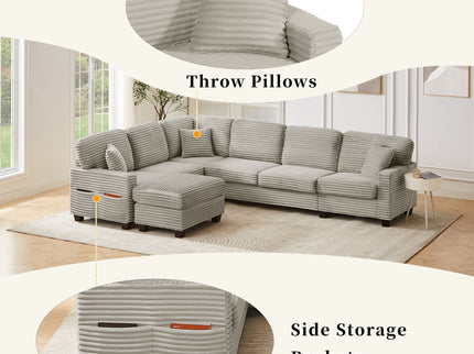 Upholstered U-Shaped Sectional Sofa With Movable Ottoman And Side Storage Pockets