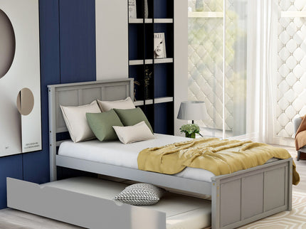 Platform Bed With Twin Trundle And Frame, Twin Size - Gray