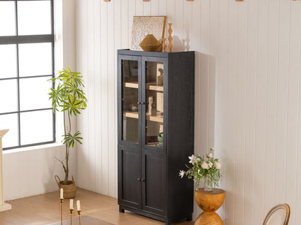 Mid Century Modern Style Tall Display Cabinet With Glass Doors For Collectibles - Black