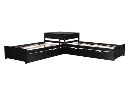 L Shaped Platform Bed With Trundle And Drawers Linked With Built In Desk