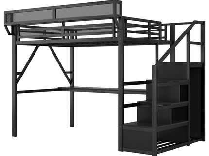 Loft Bed With Desk And Charging Station With Stairs And Light